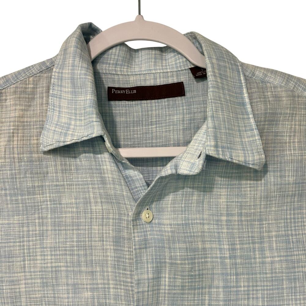 Perry Ellis Mens Linen Shirt Casual Summer SZ LG Light Blue Plaid Button Down